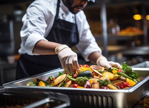 restaurant chef separating food waste for disposal